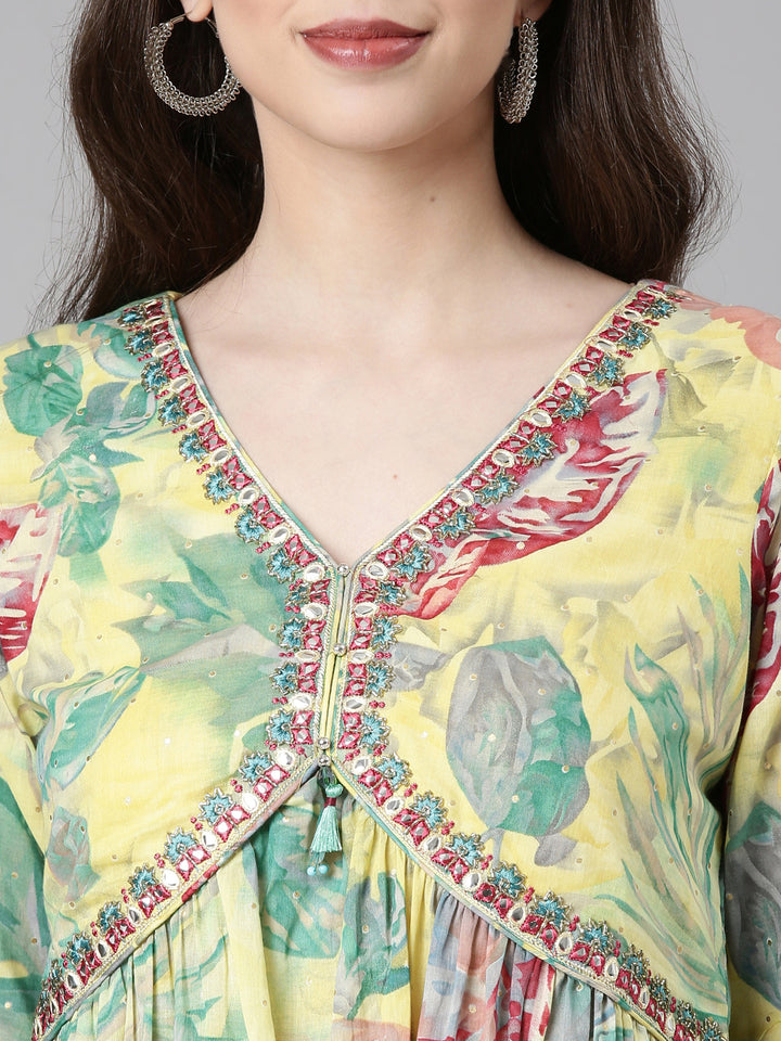 Neerus Yellow Casual Floral Maxi Dresses