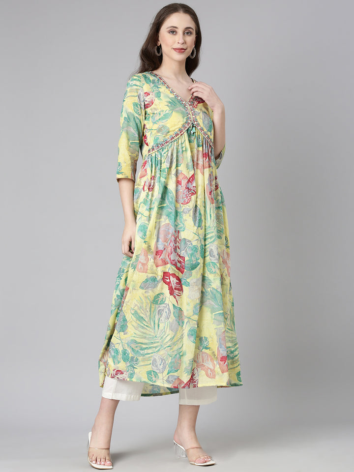 Neerus Yellow Casual Floral Maxi Dresses