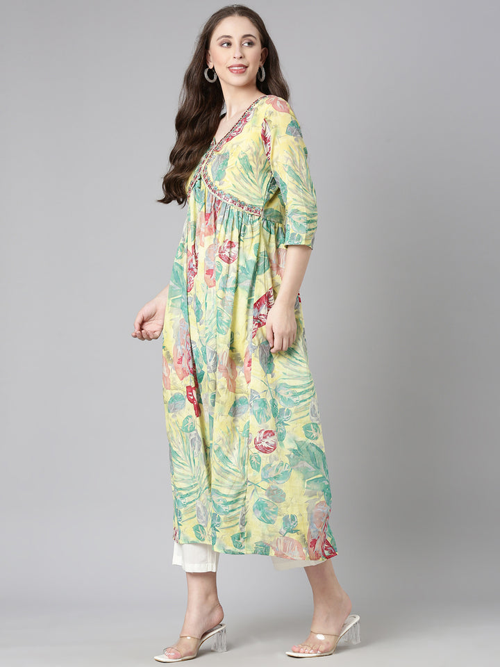 Neerus Yellow Casual Floral Maxi Dresses