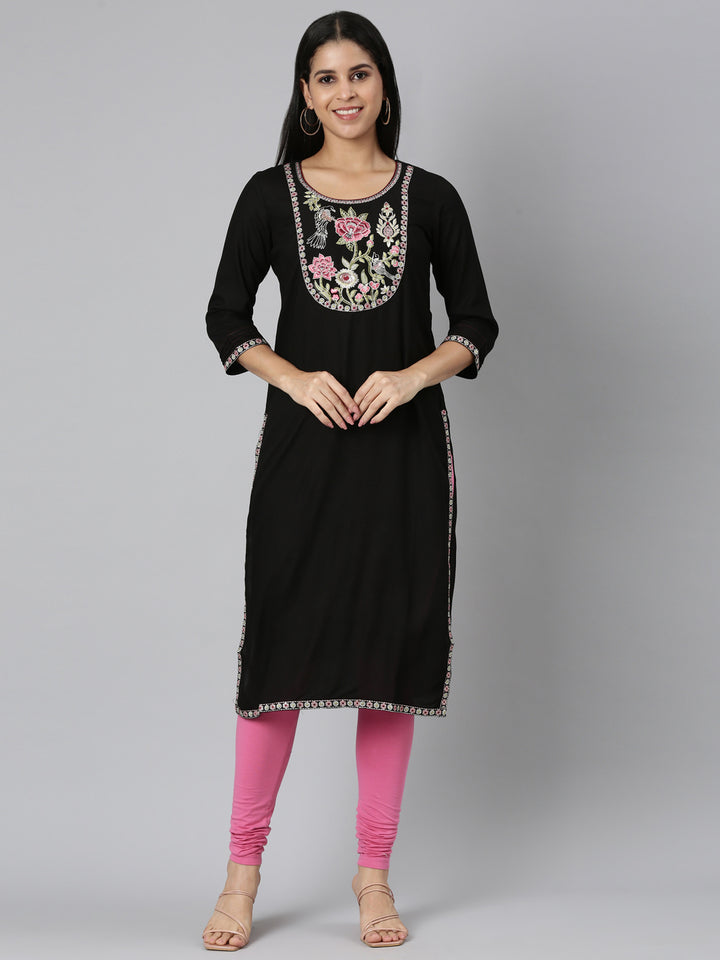 Neerus Black Straight Casual Floral Straight Kurtas