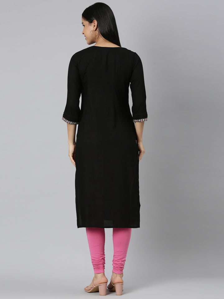 Neerus Black Straight Casual Floral Straight Kurtas