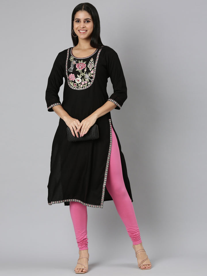 Neerus Black Straight Casual Floral Straight Kurtas
