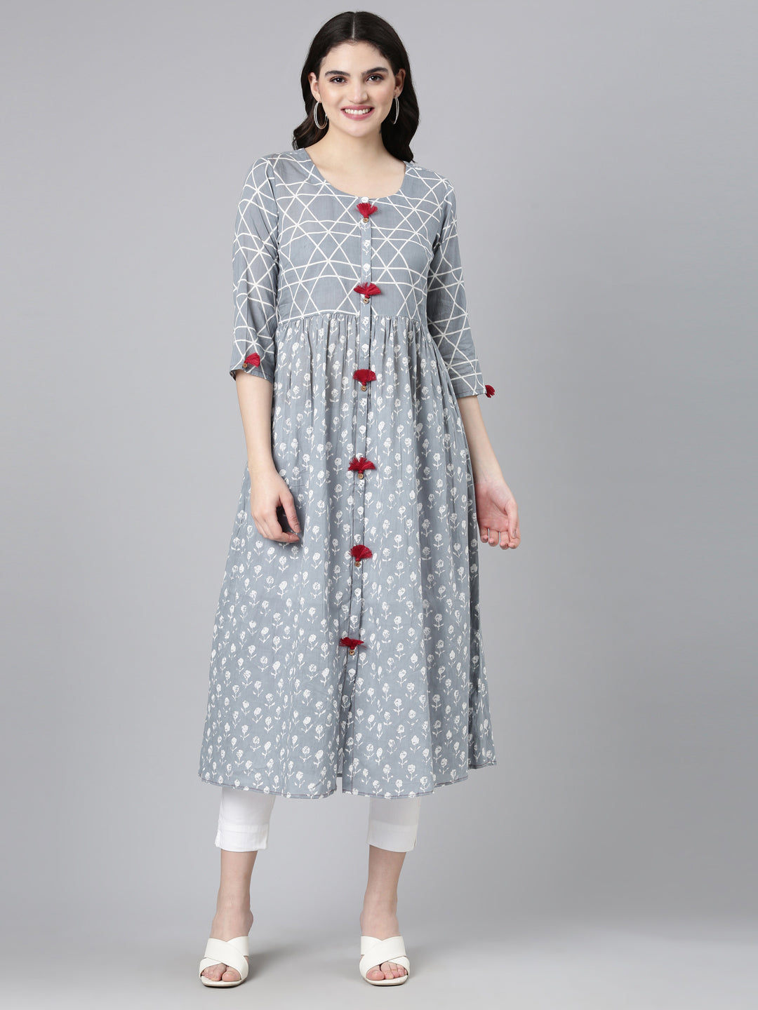 Neerus Grey Straight Casual Printed Gown