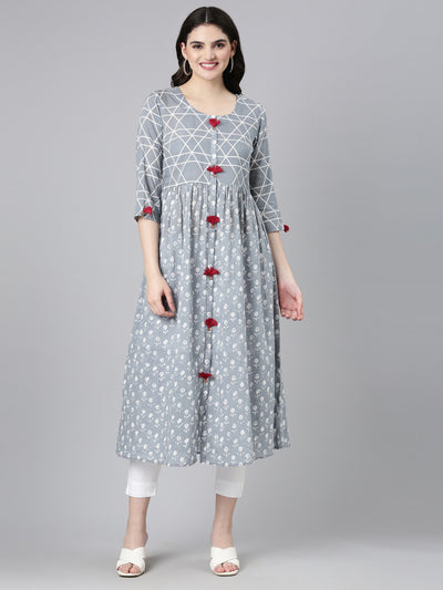 Neerus Grey Straight Casual Printed Gown