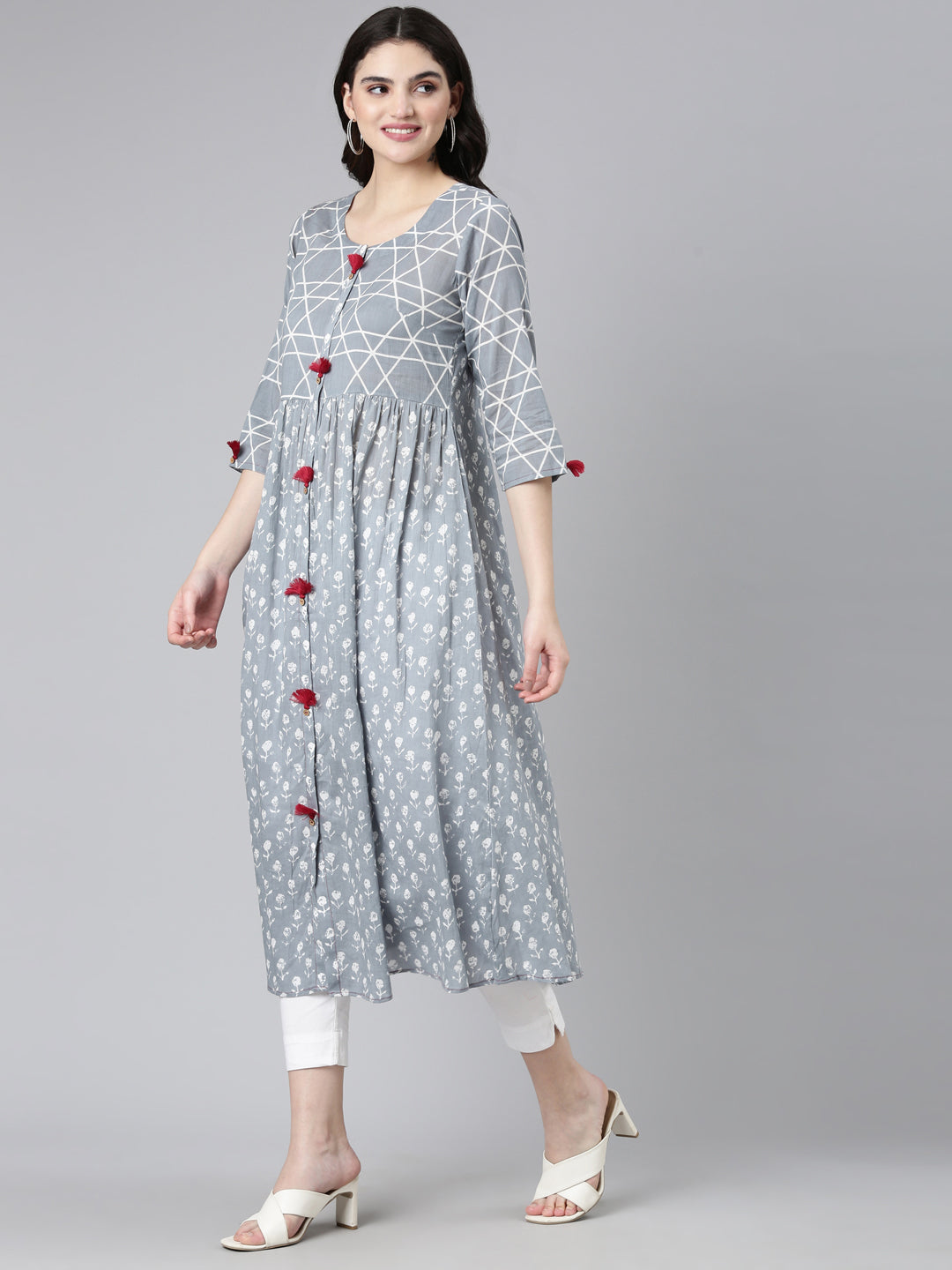Neerus Grey Straight Casual Printed Gown