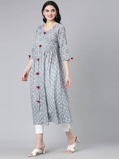 Neerus Grey Straight Casual Printed Gown