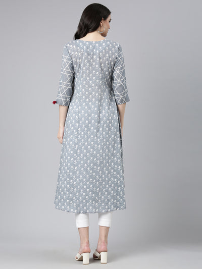 Neerus Grey Straight Casual Printed Gown