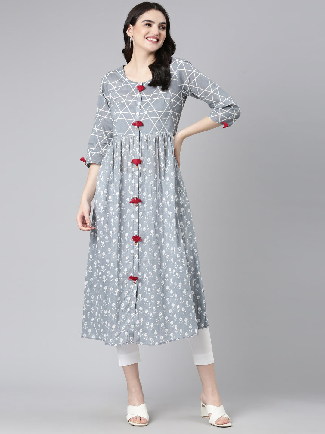 Neerus Grey Straight Casual Printed Gown