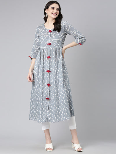 Neerus Grey Straight Casual Printed Gown