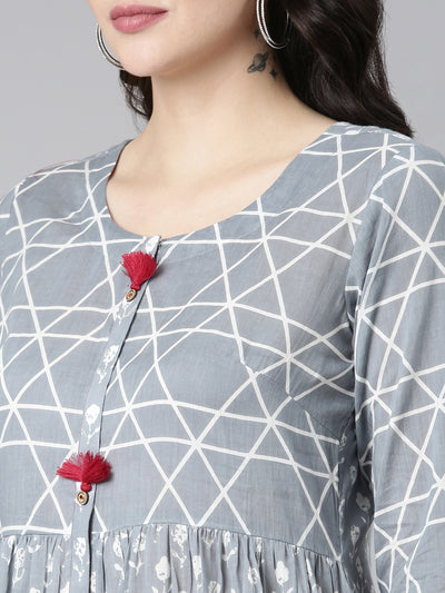 Neerus Grey Straight Casual Printed Gown