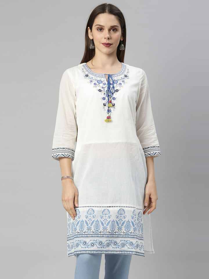 Neerus Off White Embroidered Pure Cotton Kurti