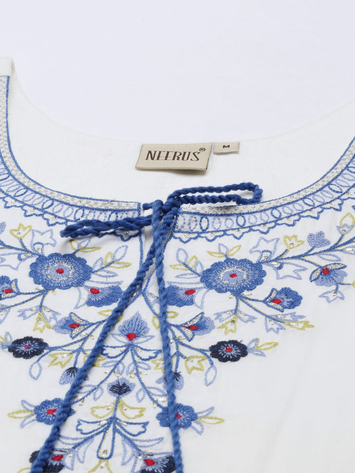 Neerus Off White Embroidered Pure Cotton Kurti
