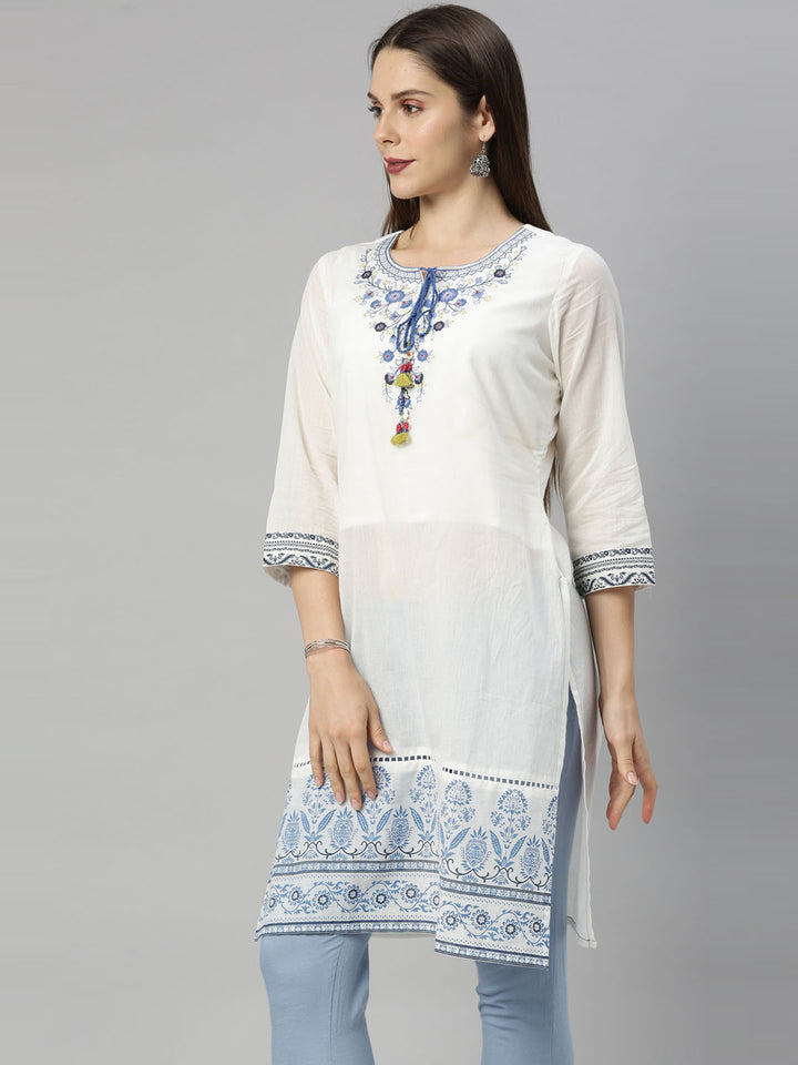 Neerus Off White Embroidered Pure Cotton Kurti
