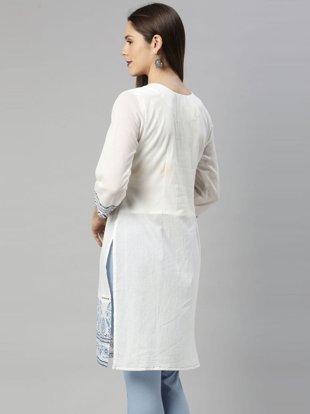 Neerus Off White Embroidered Pure Cotton Kurti