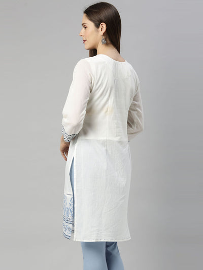 Neerus Off White Embroidered Pure Cotton Kurti