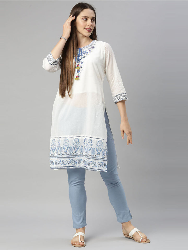 Neerus Off White Embroidered Pure Cotton Kurti