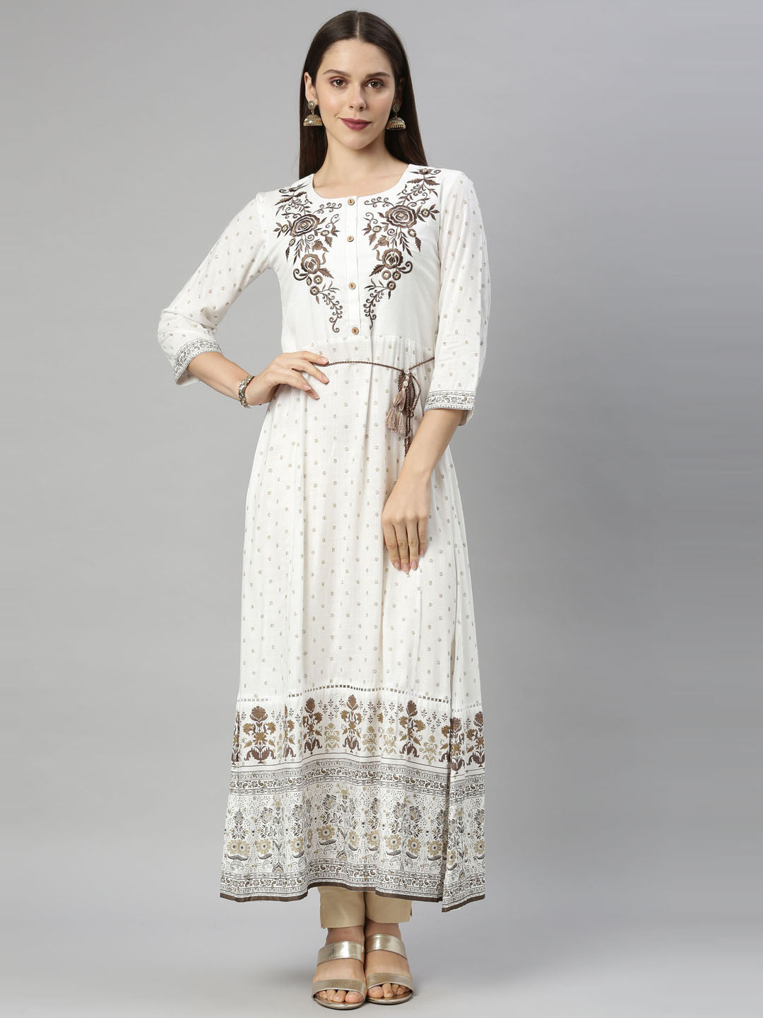 Neerus White floral embroidered anarkali kurta - front view