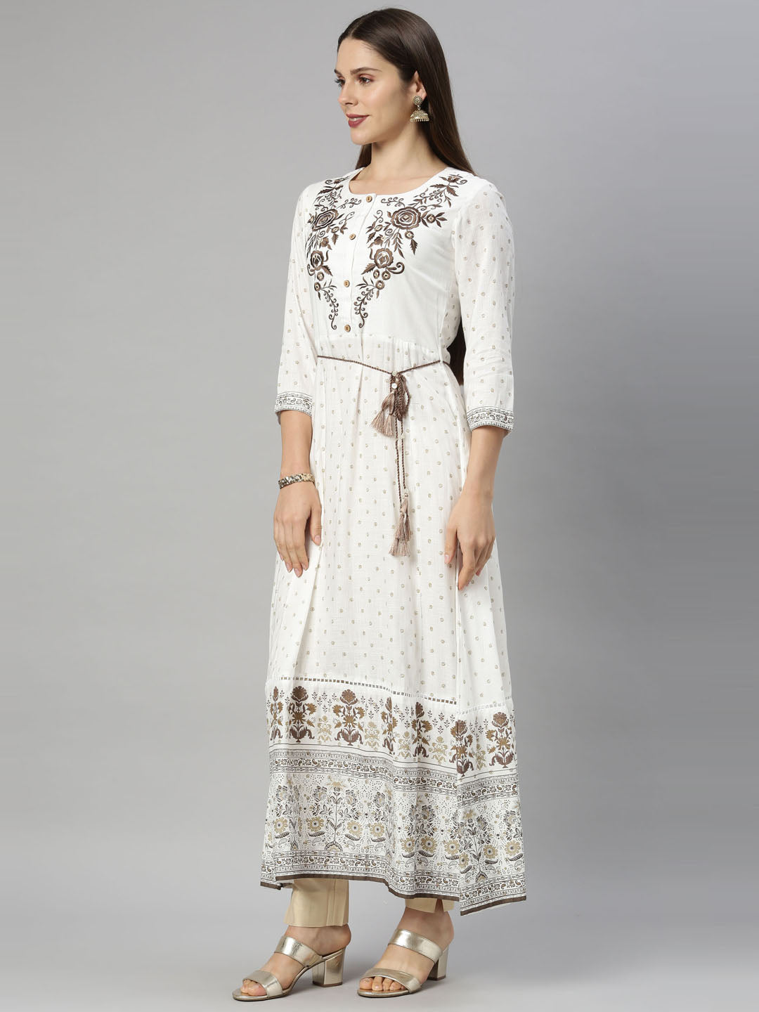 Neerus White floral embroidered anarkali kurta - back view