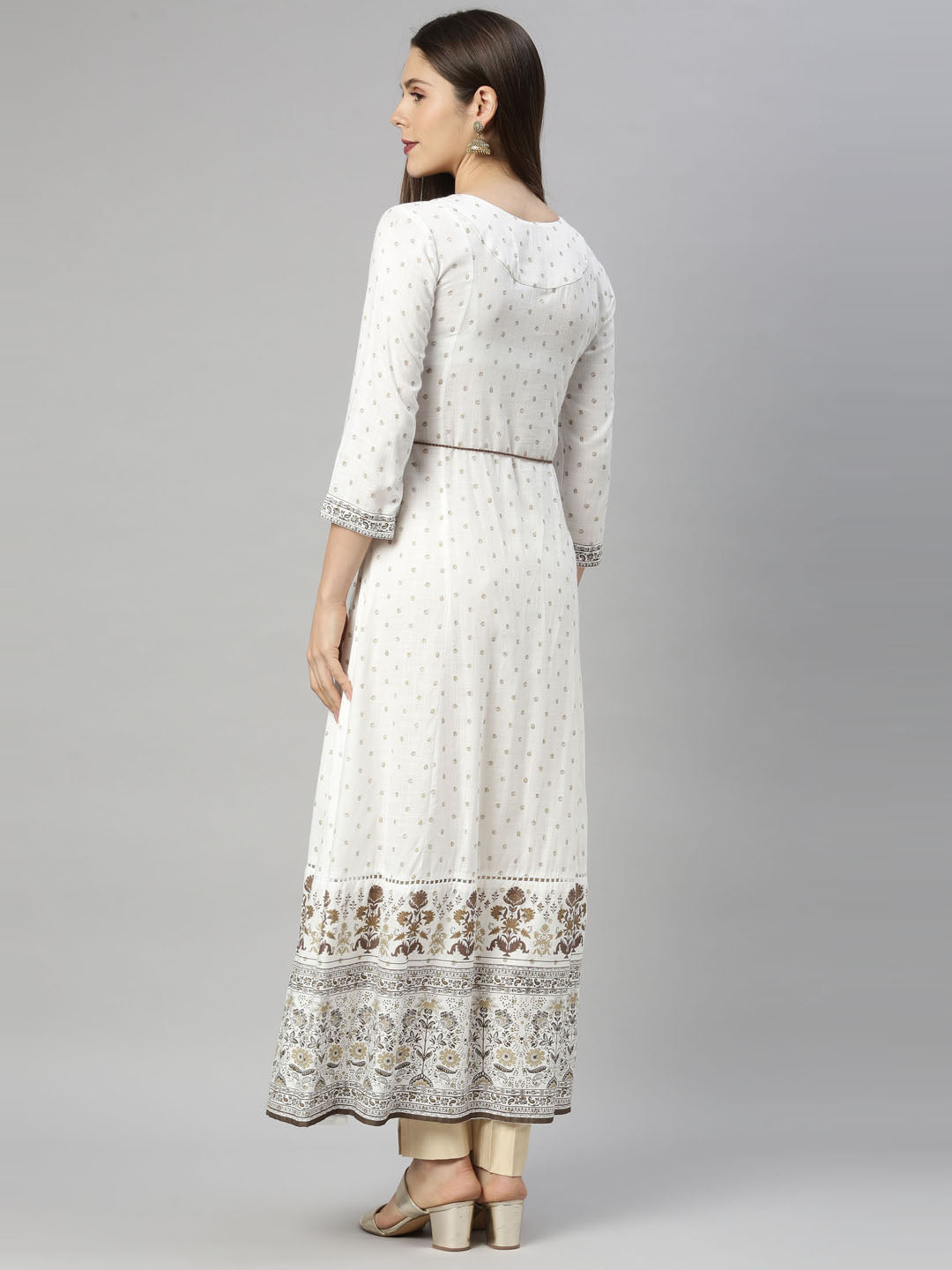 Neerus White floral embroidered anarkali kurta - side view