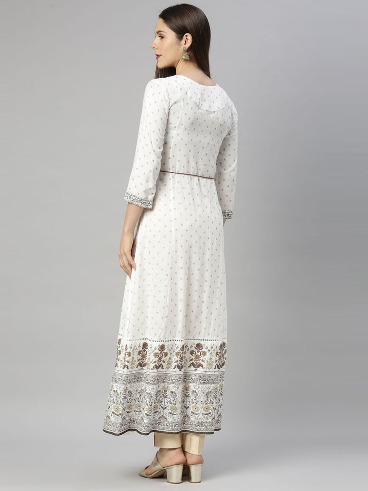 Neerus White floral embroidered anarkali kurta - side view