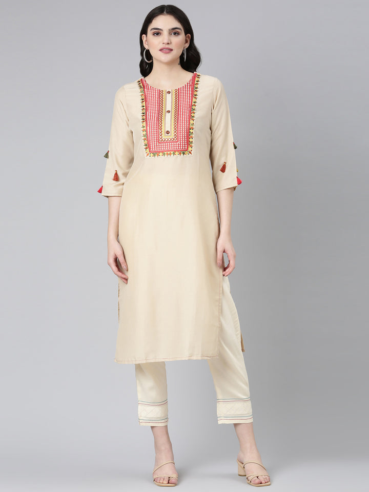 Neerus Beige Regular Straight Embroidered Kurta