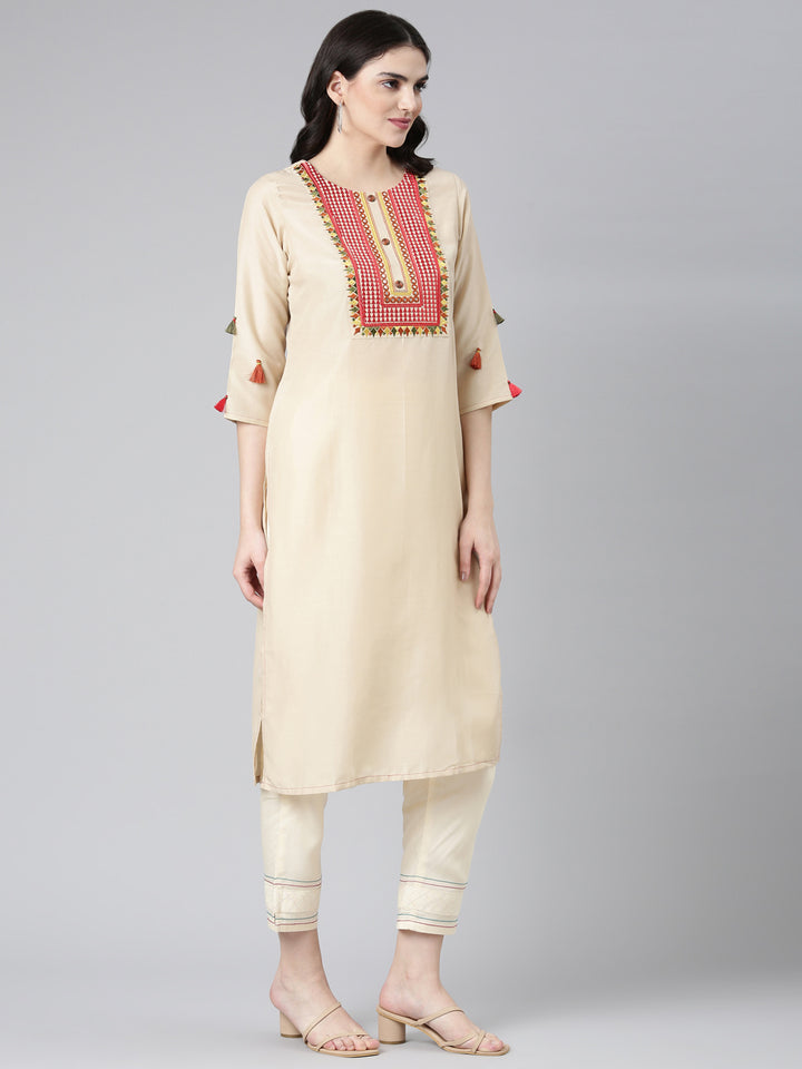 Neerus Beige Regular Straight Embroidered Kurta