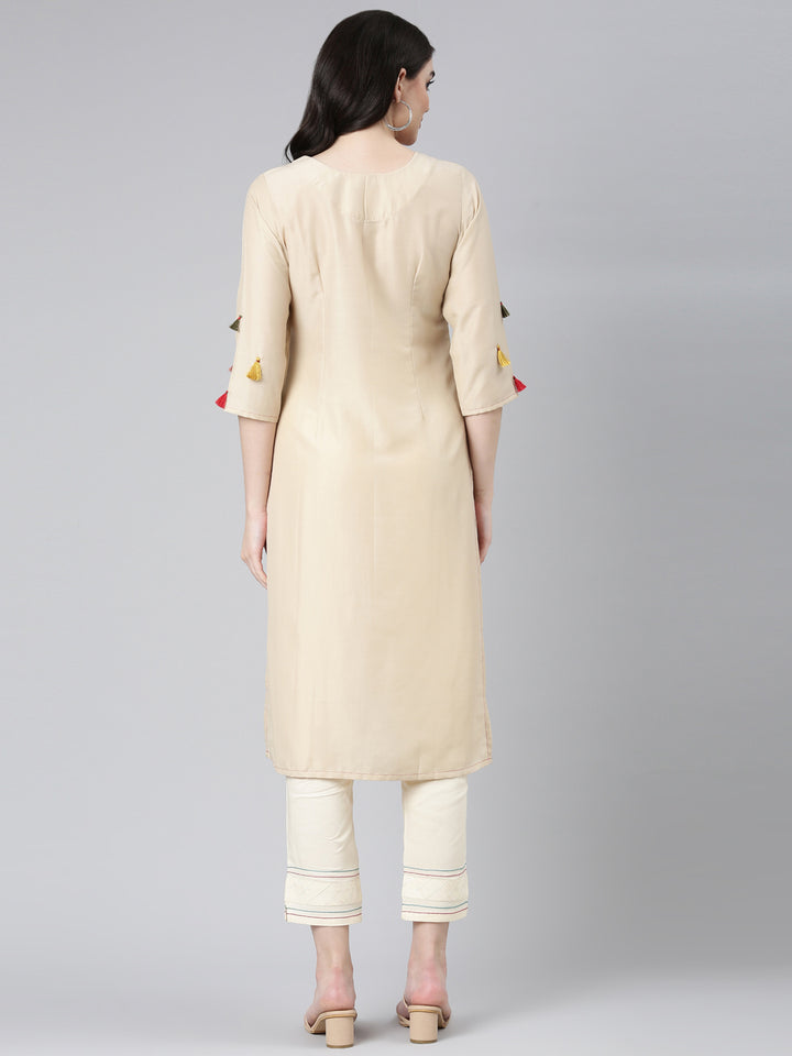 Neerus Beige Regular Straight Embroidered Kurta