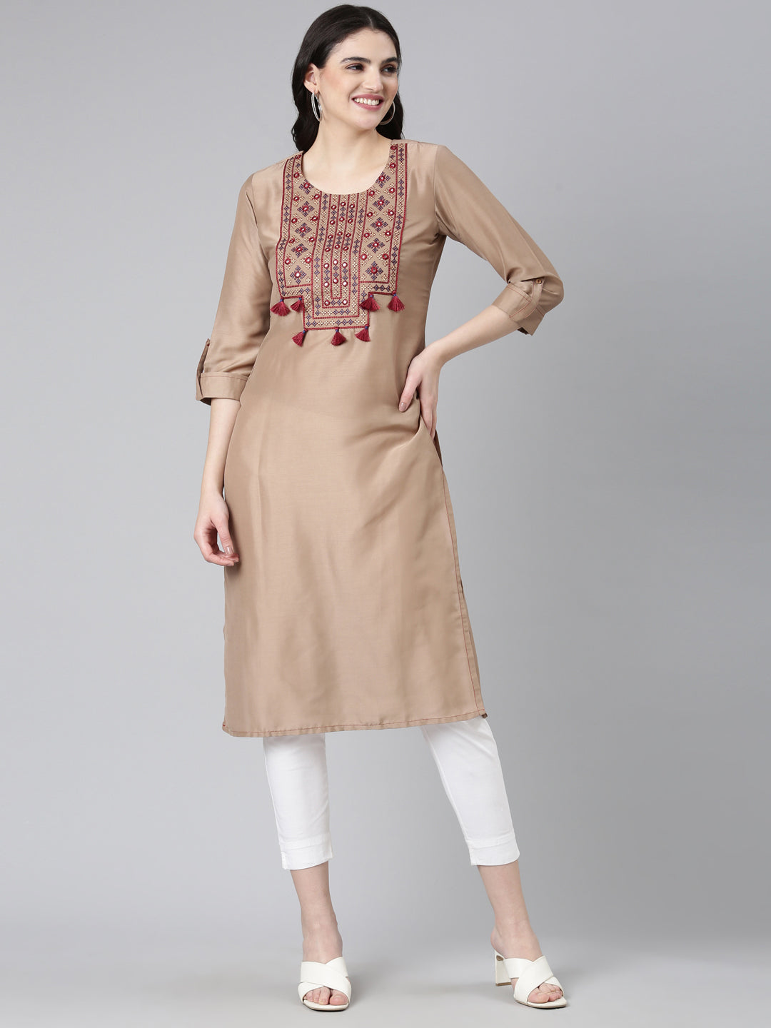 Neerus Brown Regular Straight Embroidered Kurta