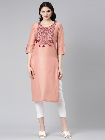Neerus Peach Regular Straight Embroidered Kurta