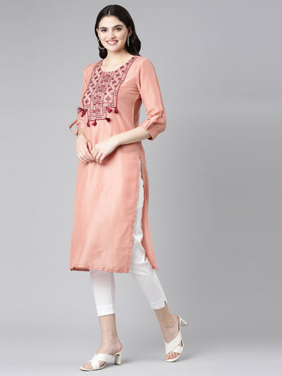 Neerus Peach Regular Straight Embroidered Kurta