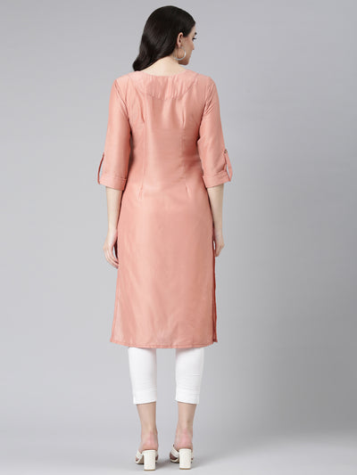 Neerus Peach Regular Straight Embroidered Kurta