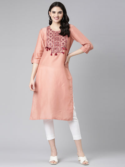 Neerus Peach Regular Straight Embroidered Kurta