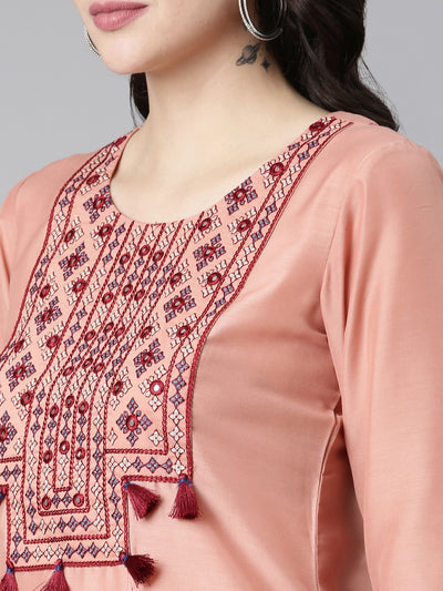 Neerus Peach Regular Straight Embroidered Kurta