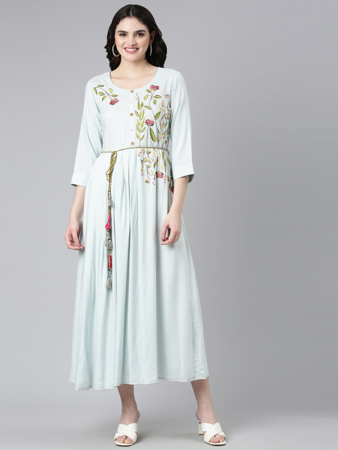 Neerus Blue Straight Casual Embroidered Gown