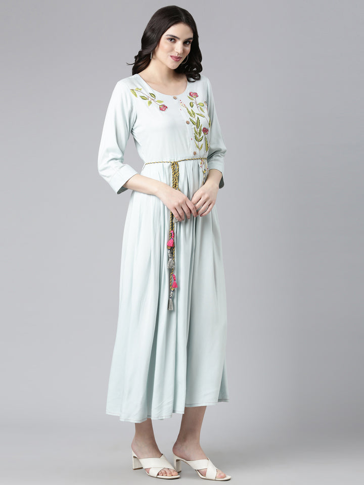 Neerus Blue Straight Casual Embroidered Gown