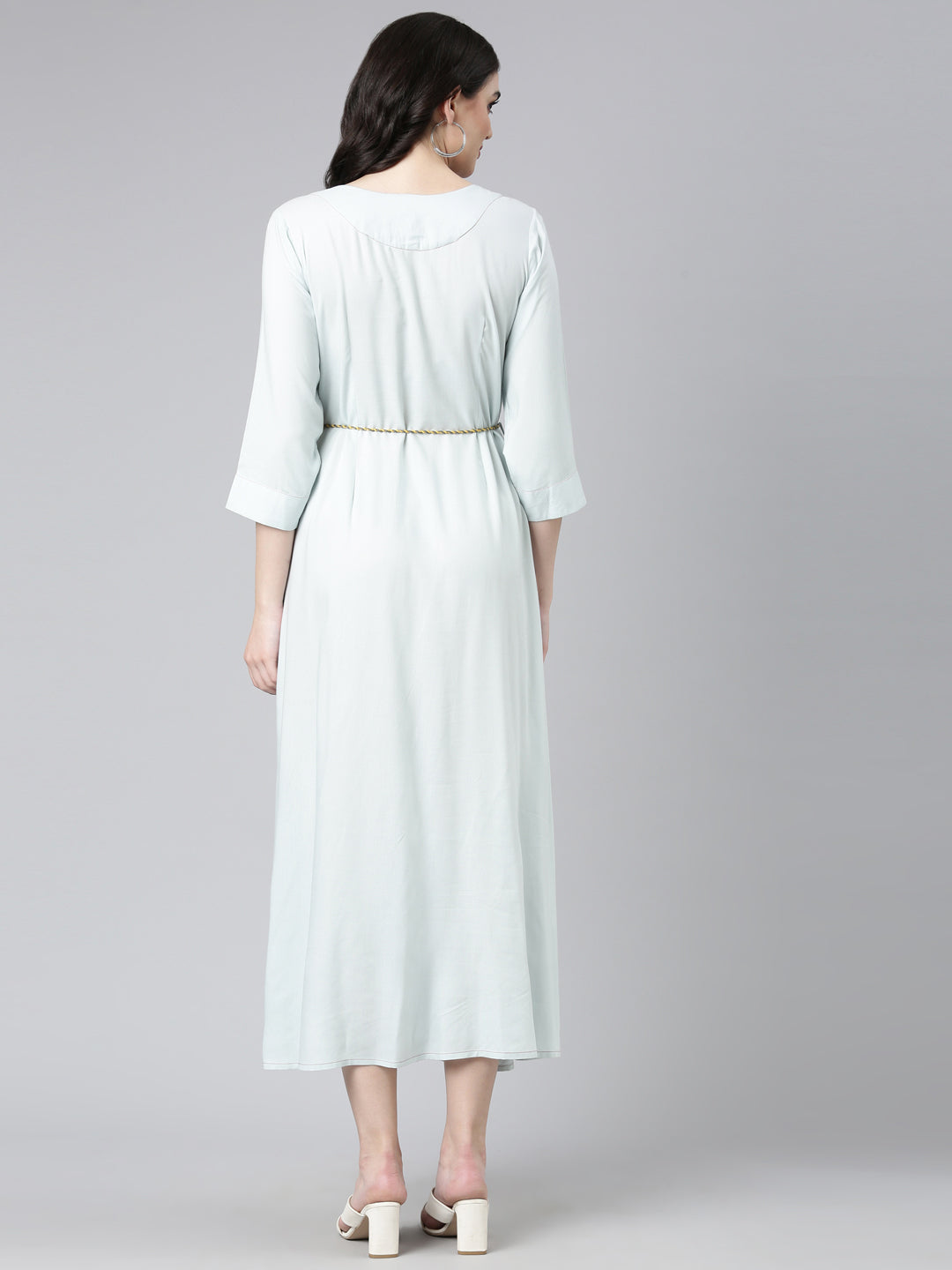 Neerus Blue Straight Casual Embroidered Gown