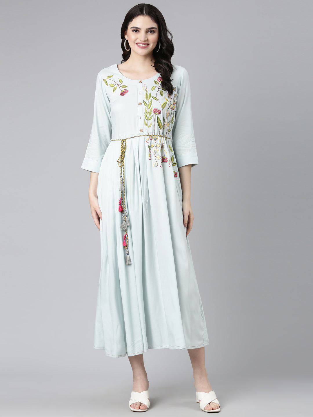 Neerus Blue Straight Casual Embroidered Gown