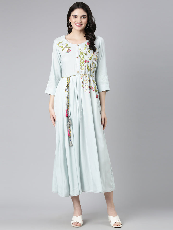 Neerus Blue Straight Casual Embroidered Gown