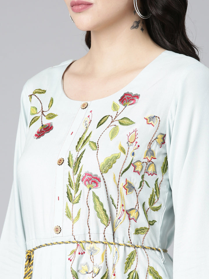 Neerus Blue Straight Casual Embroidered Gown