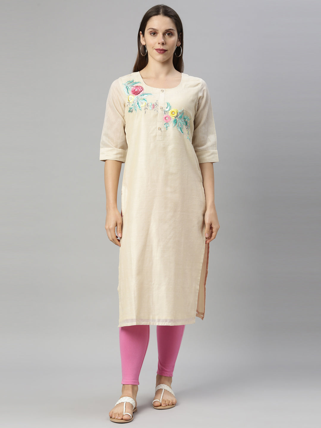 Neerus Beige Chanderi embroidered kurta - front view