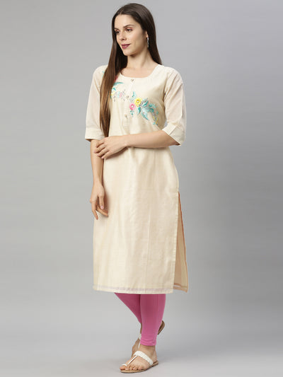 Neerus Women Beige  Pink Floral Embroidered Chanderi Silk Kurta