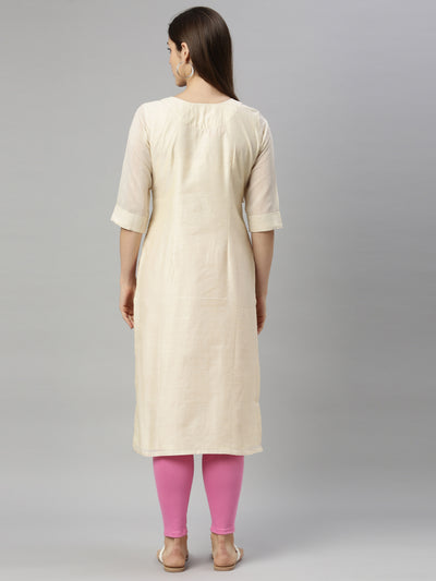 Neerus Women Beige  Pink Floral Embroidered Chanderi Silk Kurta