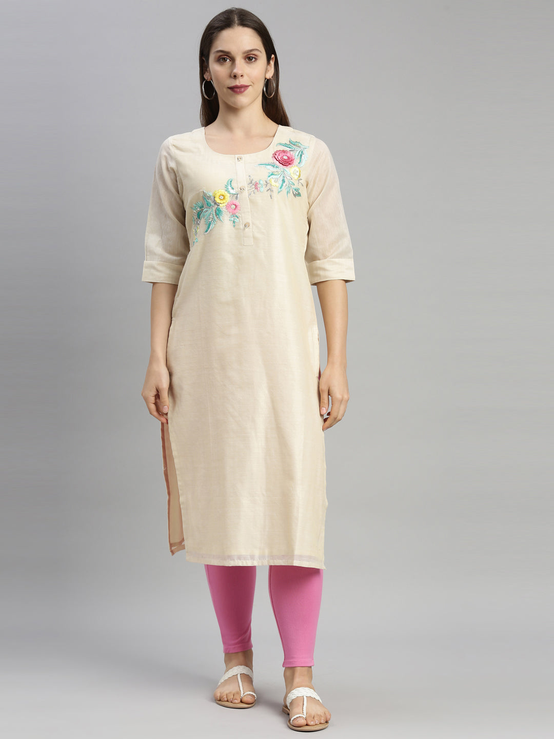 Neerus Women Beige  Pink Floral Embroidered Chanderi Silk Kurta