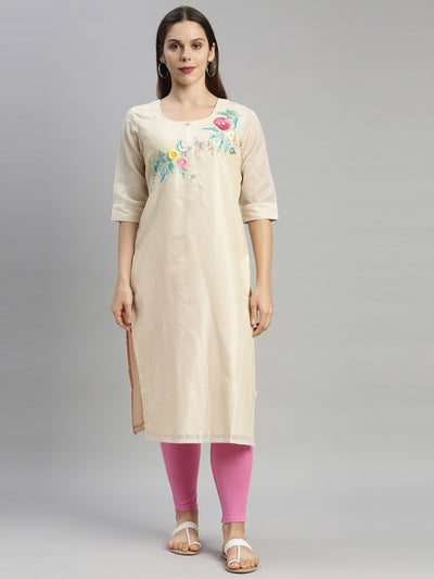 Neerus Women Beige  Pink Floral Embroidered Chanderi Silk Kurta