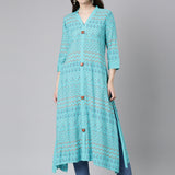 Neerus Teal Casual Chevron A-Line Kurtas
