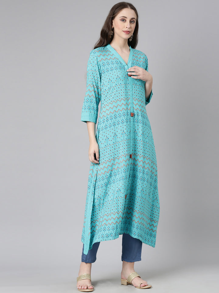 Neerus Teal Casual Chevron A-Line Kurtas