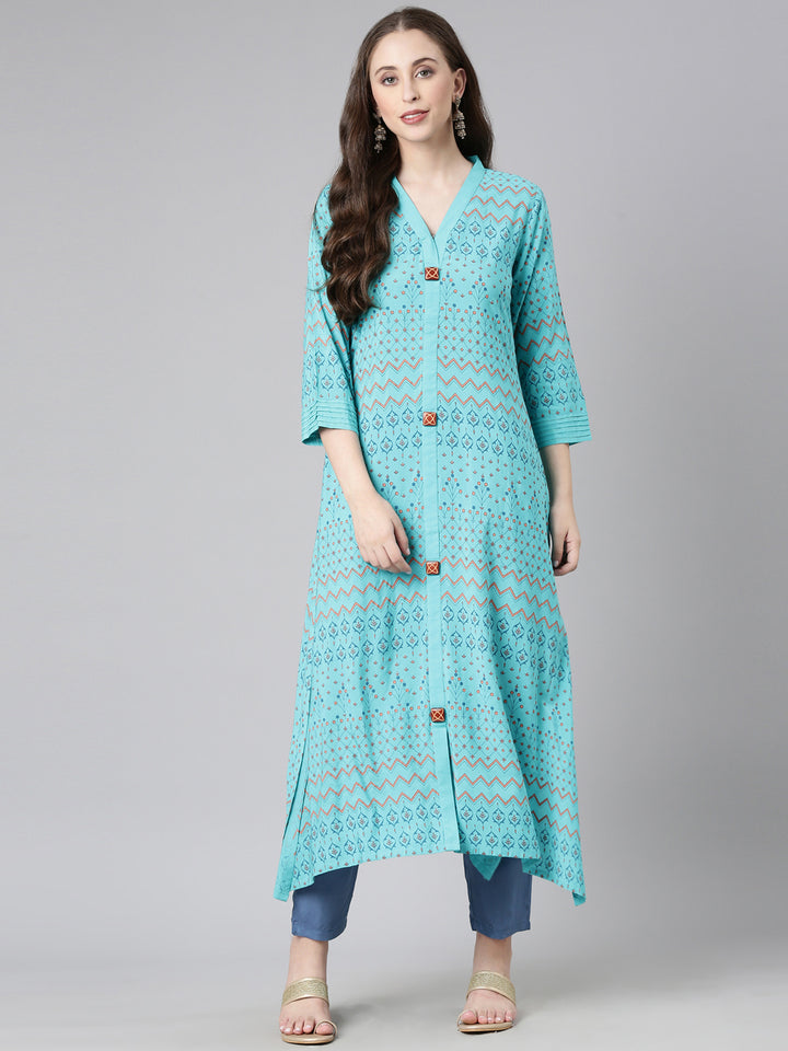 Neerus Teal Casual Chevron A-Line Kurtas
