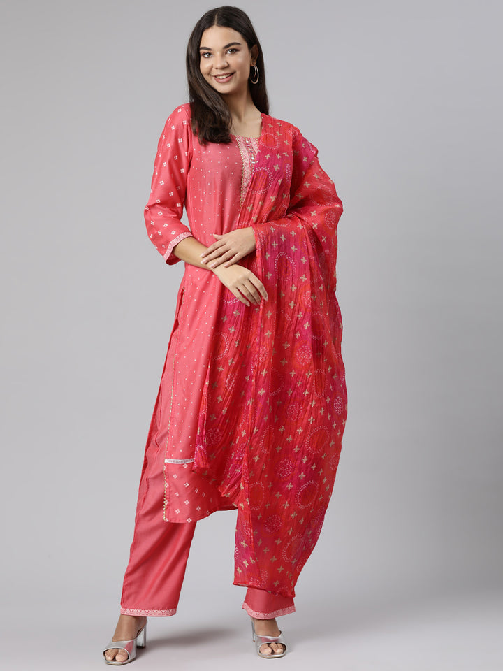 Neerus Red Regular Straight Bandhani Kurta And Trousers With Dupatta