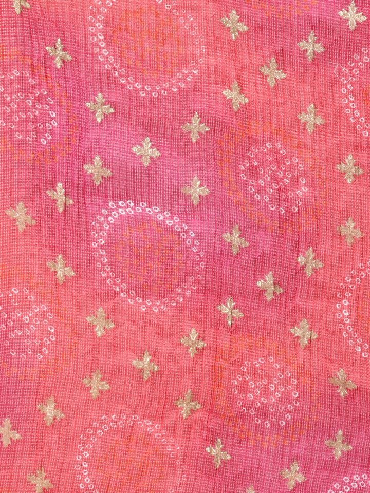 Neerus Red Regular Straight Bandhani Kurta And Trousers With Dupatta