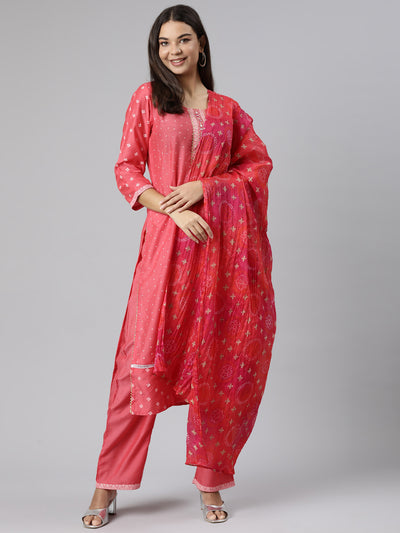 Neeru's Red Regular Straight Bandhani Kurta And Trousers With Dupatta